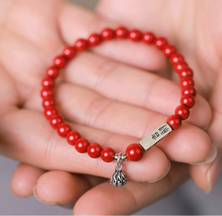 Retro New Chinese Style cinnabar red sand bracelet pure silver Ruyi lotus bracelet - jewelry - weilin.com