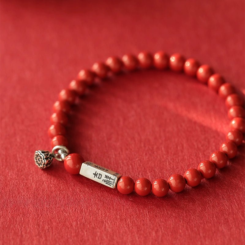 Retro New Chinese Style cinnabar red sand bracelet pure silver Ruyi lotus bracelet - jewelry - weilin.com