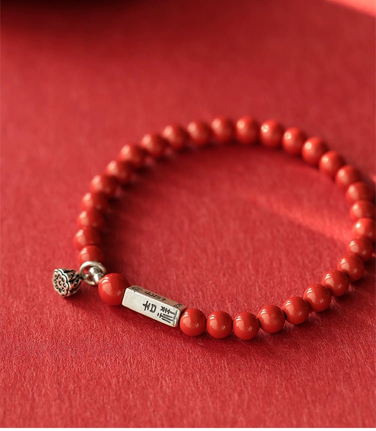 Retro New Chinese Style cinnabar red sand bracelet pure silver Ruyi lotus bracelet - jewelry - weilin.com