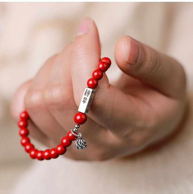 Retro New Chinese Style cinnabar red sand bracelet pure silver Ruyi lotus bracelet - jewelry - weilin.com