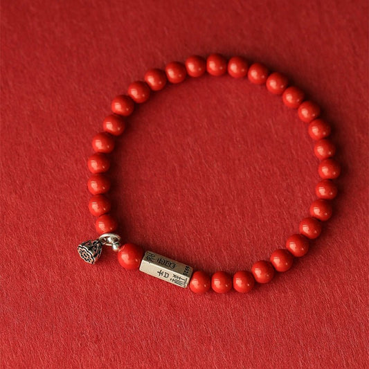 Retro New Chinese Style Cinnabar Red Sand Bracelet Pure Silver Ruyi Lotus Bracelet Women's - jewelry - weilin.com