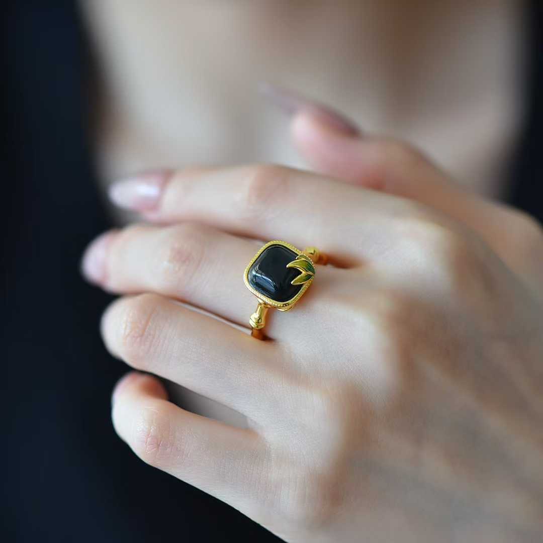S925 Silver & Hetian Black Nephrite "Small Square Sugar" with Bamboo Joint Ring - jewelry - weilin.com