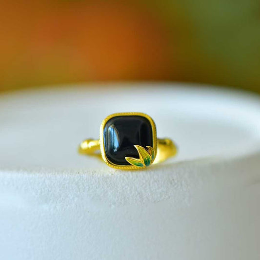 S925 Silver & Hetian Black Nephrite "Small Square Sugar" with Bamboo Joint Ring - jewelry - weilin.com