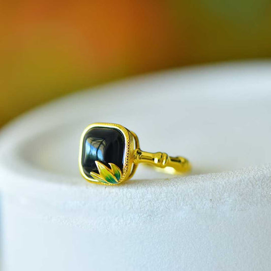 S925 Silver & Hetian Black Nephrite "Small Square Sugar" with Bamboo Joint Ring - jewelry - weilin.com