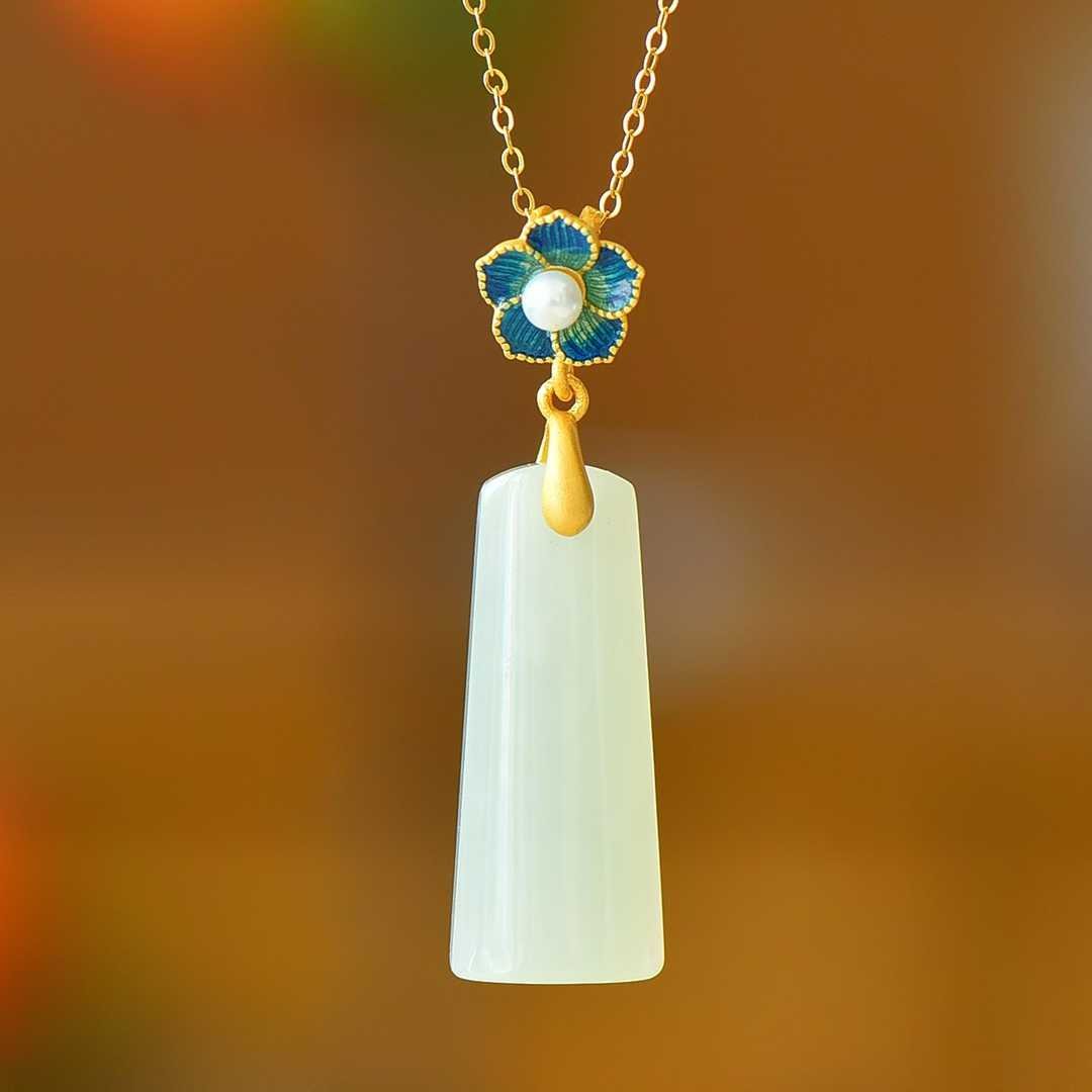 S925 Silver - Inlaid Hetian Jade Pendant (Trapezoidal Peace Plaque with Enamel & Pearl Accents) - jewelry - weilin.com