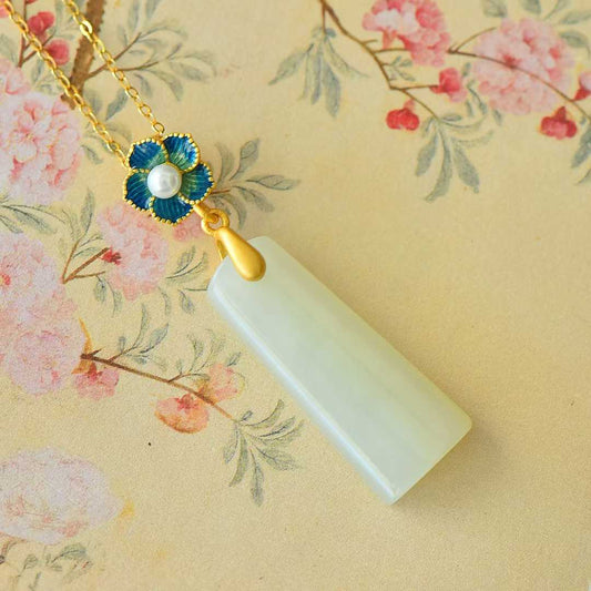 S925 Silver - Inlaid Hetian Jade Pendant (Trapezoidal Peace Plaque with Enamel & Pearl Accents) - jewelry - weilin.com