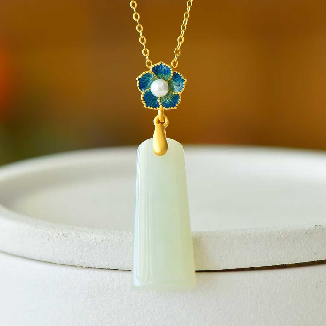 S925 Silver - Inlaid Hetian Jade Pendant (Trapezoidal Peace Plaque with Enamel & Pearl Accents) - jewelry - weilin.com
