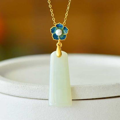 S925 Silver - Inlaid Hetian Jade Pendant (Trapezoidal Peace Plaque with Enamel & Pearl Accents) - jewelry - weilin.com