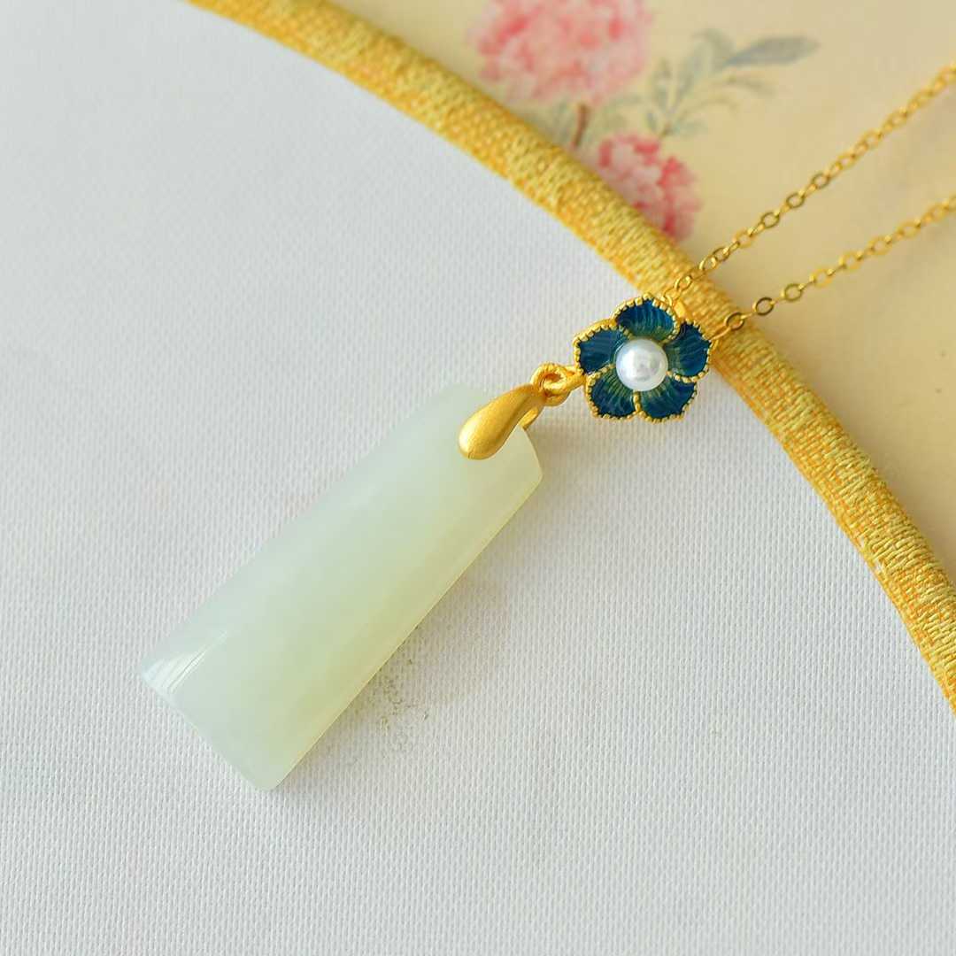 S925 Silver - Inlaid Hetian Jade Pendant (Trapezoidal Peace Plaque with Enamel & Pearl Accents) - jewelry - weilin.com