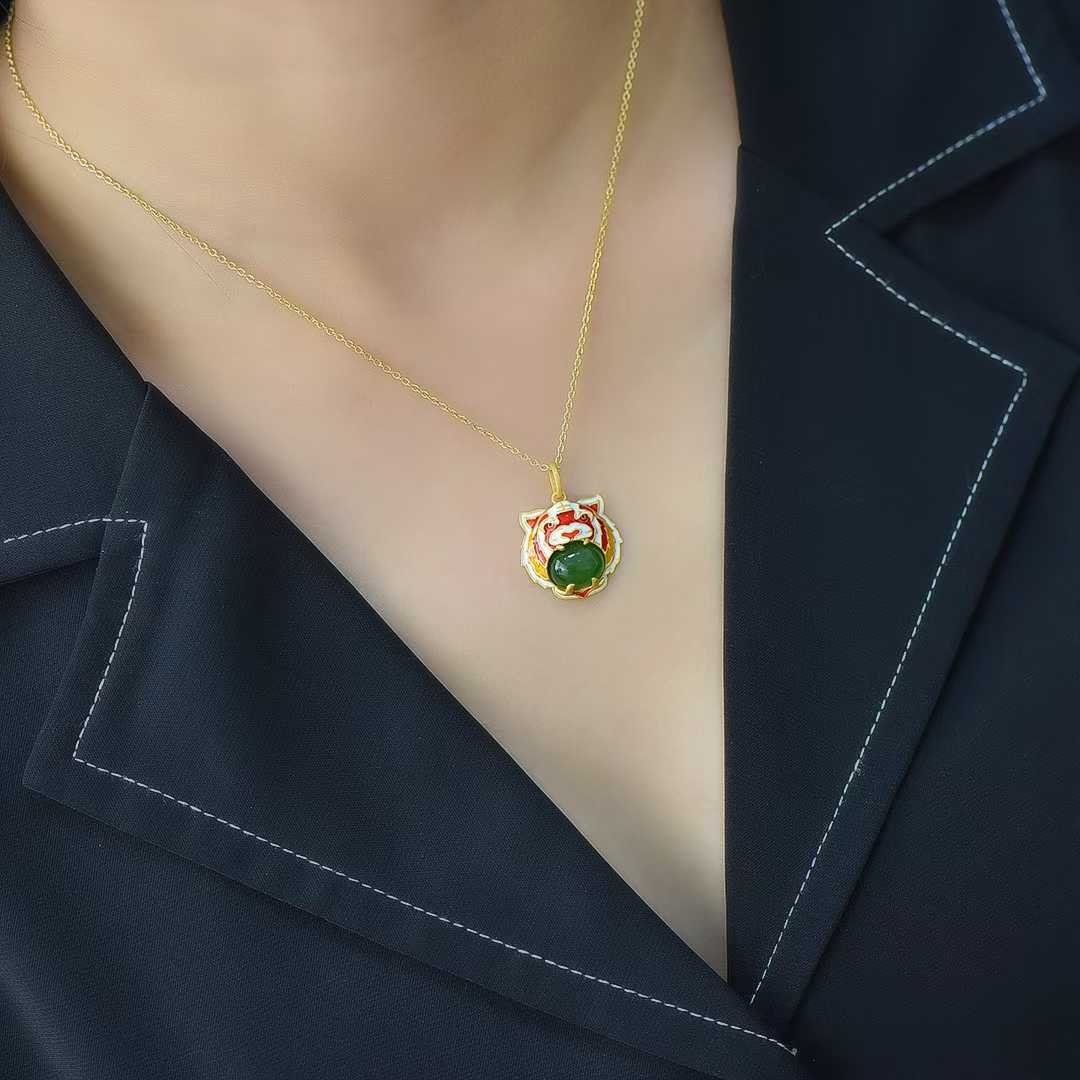 S925 Silver Inlaid Hetian Jadeite (Jasper) "Tiger" Pendant - jewelry - weilin.com