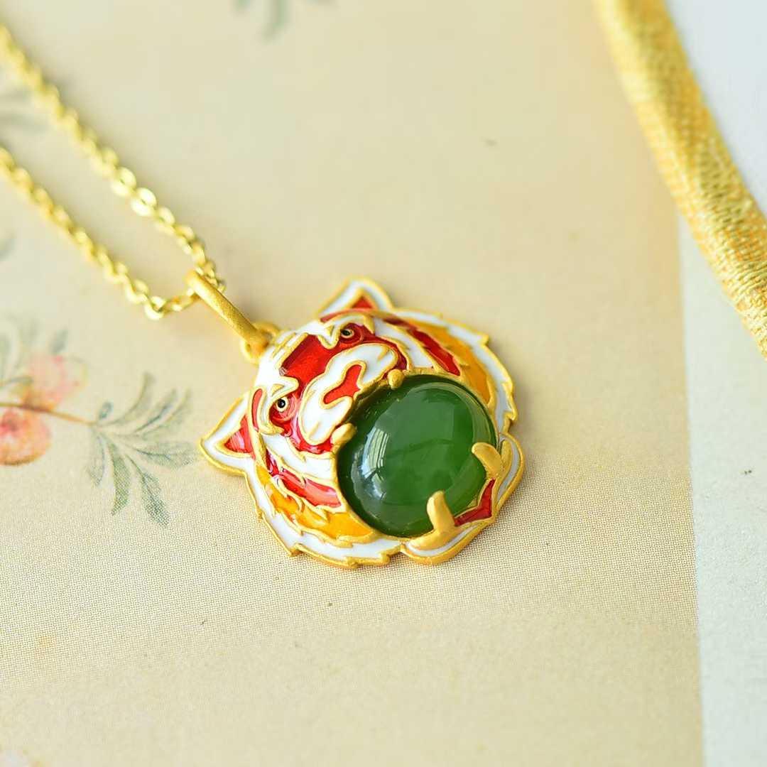 S925 Silver Inlaid Hetian Jadeite (Jasper) "Tiger" Pendant - jewelry - weilin.com