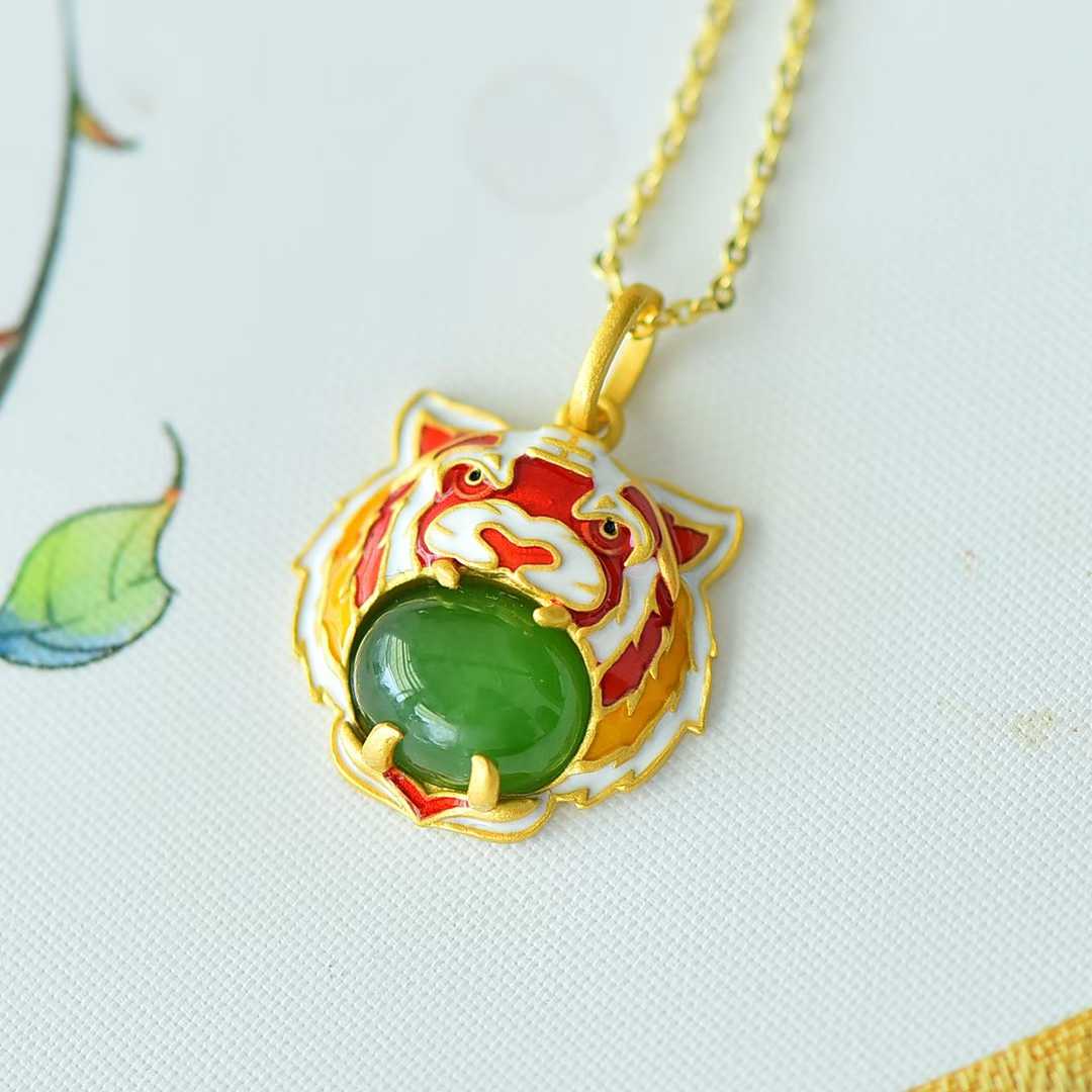 S925 Silver Inlaid Hetian Jadeite (Jasper) "Tiger" Pendant - jewelry - weilin.com