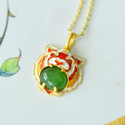 S925 Silver Inlaid Hetian Jadeite (Jasper) "Tiger" Pendant - jewelry - weilin.com