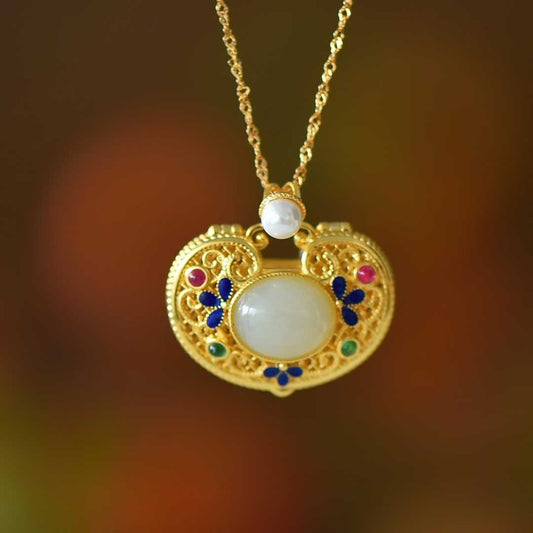S925 Silver Inlaid Hetian Nephrite "All Wishes Come True & Ruyi Lock" Pendant - jewelry - weilin.com