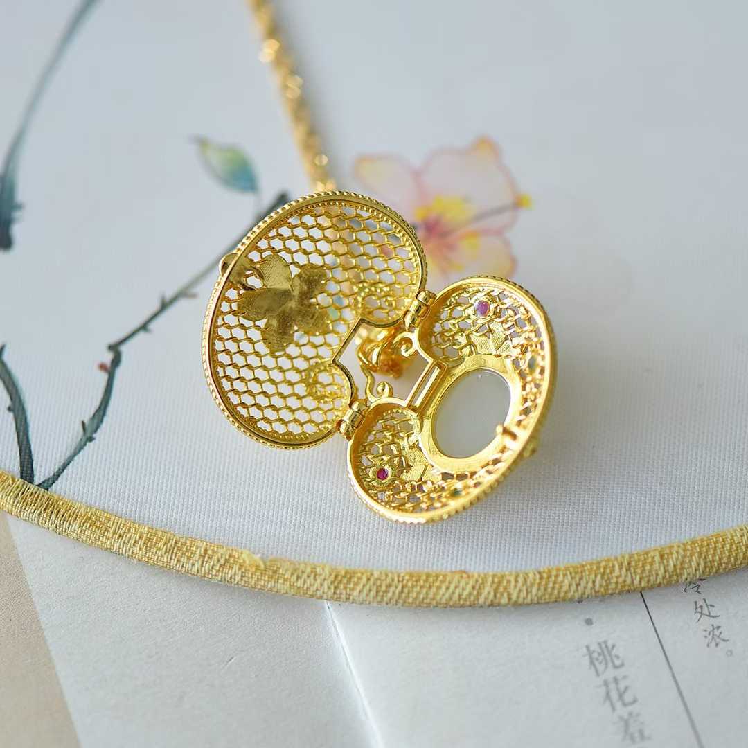 S925 Silver Inlaid Hetian Nephrite "All Wishes Come True & Ruyi Lock" Pendant - jewelry - weilin.com