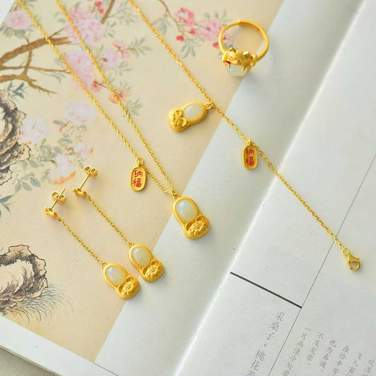 S925 Silver Inlaid Hetian Nephrite "Attract Wealth & Gather Blessings" Jewelry Set Product Description（English） - jewelry - weilin.com