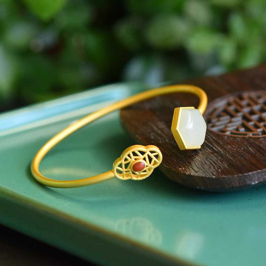 S925 Silver Inlaid Hetian Nephrite "Begonia Flower Window" Bracelet - jewelry - weilin.com