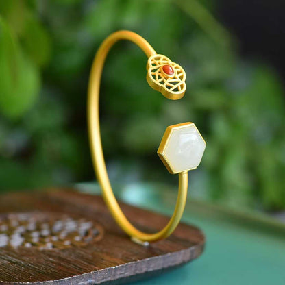 S925 Silver Inlaid Hetian Nephrite "Begonia Flower Window" Bracelet - jewelry - weilin.com