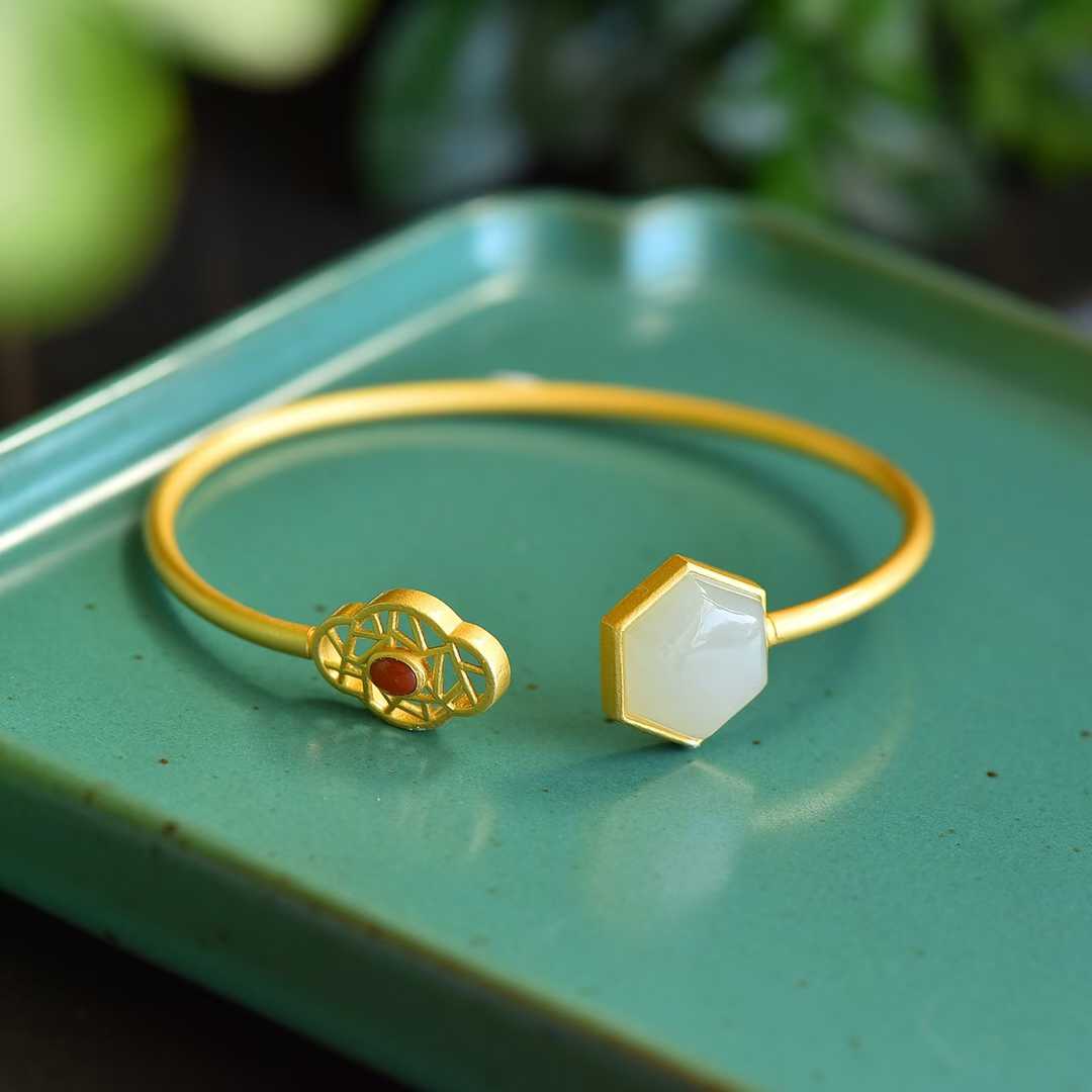 S925 Silver Inlaid Hetian Nephrite "Begonia Flower Window" Bracelet - jewelry - weilin.com