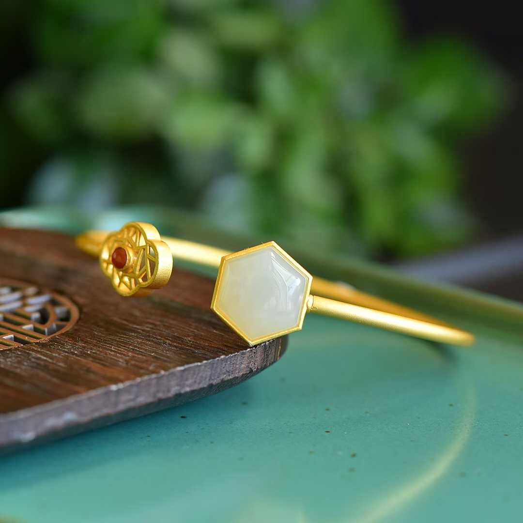 S925 Silver Inlaid Hetian Nephrite "Begonia Flower Window" Bracelet - jewelry - weilin.com