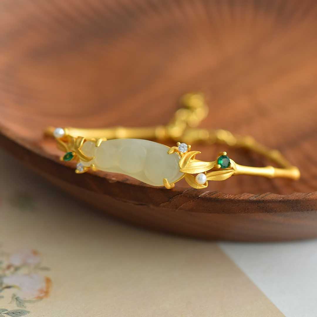 S925 Silver Inlaid Hetian Nephrite "Blessing Bean" Bracelet - jewelry - weilin.com