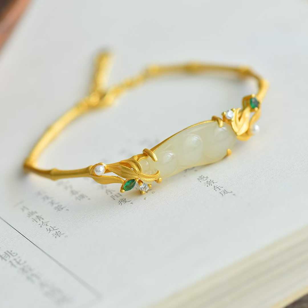 S925 Silver Inlaid Hetian Nephrite "Blessing Bean" Bracelet - jewelry - weilin.com
