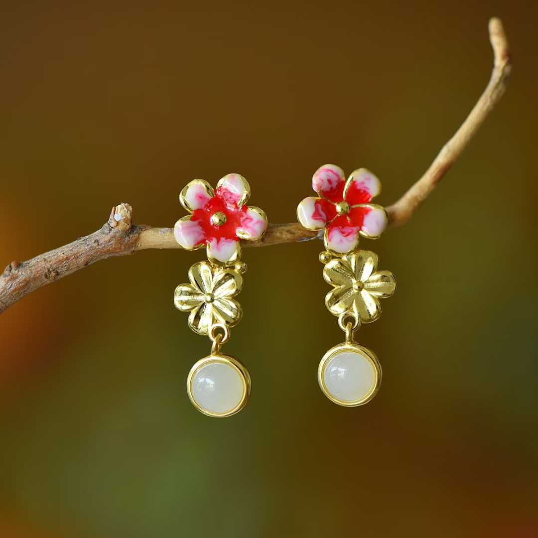 S925 Silver Inlaid Hetian Nephrite "Blossoming Peach Flowers" Minimalist Elegance Jewelry Set - jewelry - weilin.com