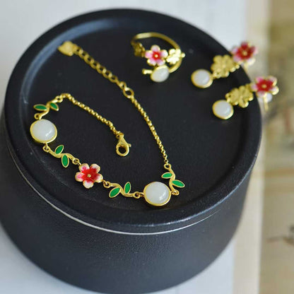 S925 Silver Inlaid Hetian Nephrite "Blossoming Peach Flowers" Minimalist Elegance Jewelry Set - jewelry - weilin.com