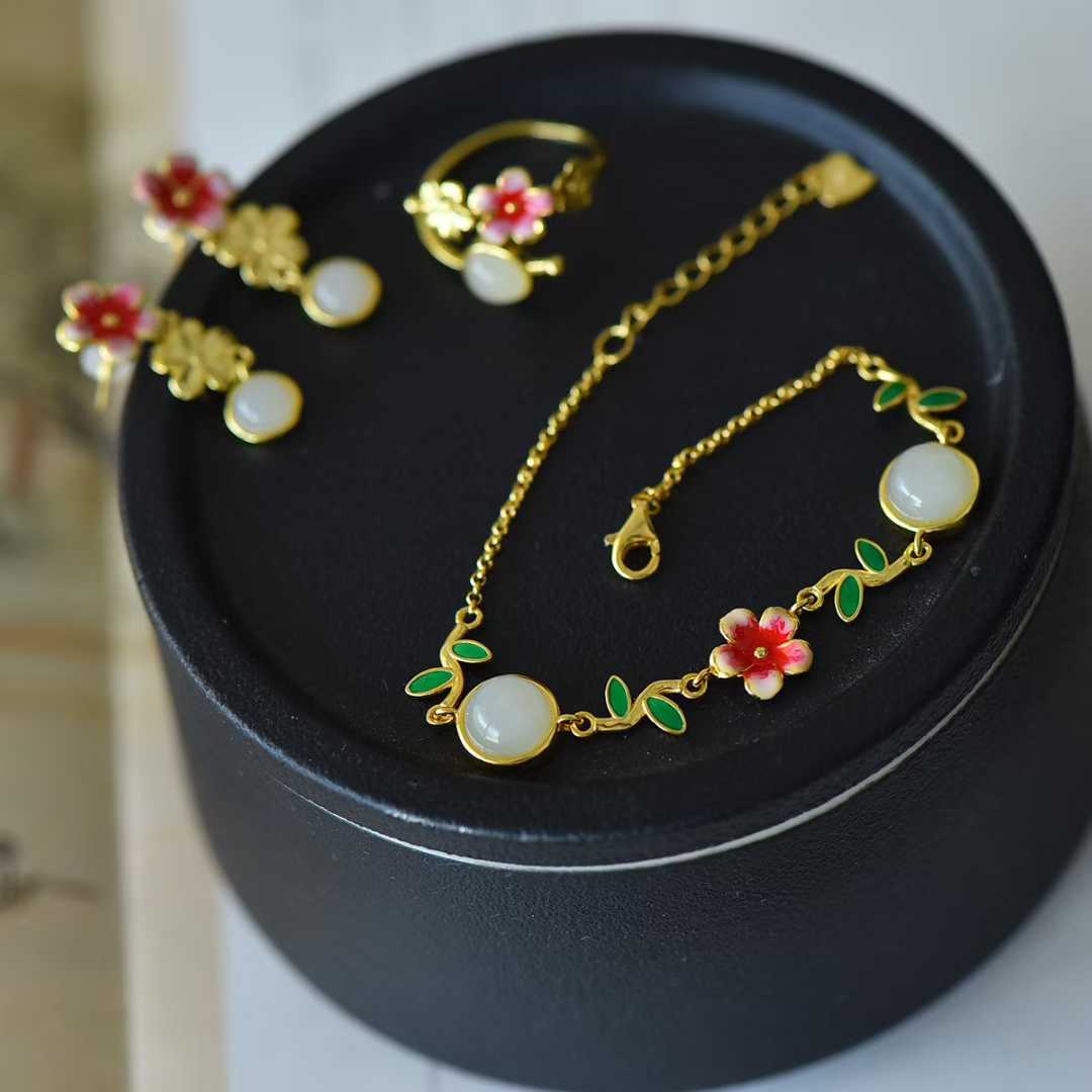 S925 Silver Inlaid Hetian Nephrite "Blossoming Peach Flowers" Minimalist Elegance Jewelry Set - jewelry - weilin.com