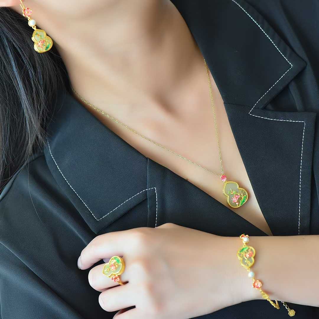 S925 Silver Inlaid Hetian Nephrite "Butterfly - Lover & Gourd" Jewelry Set - jewelry - weilin.com