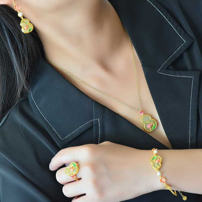 S925 Silver Inlaid Hetian Nephrite "Butterfly - Lover & Gourd" Jewelry Set - jewelry - weilin.com