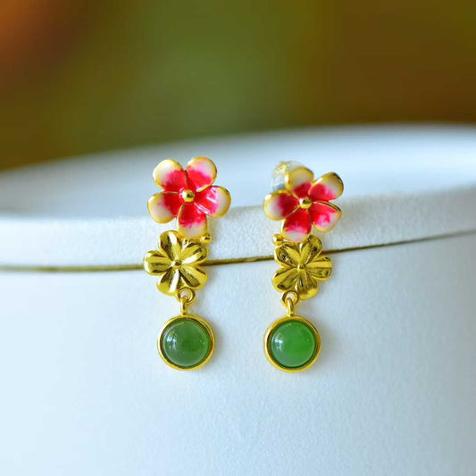 S925 Silver Inlaid Hetian Nephrite "Cabochon & Blooming Plum Blossoms" Jewelry Set - jewelry - weilin.com