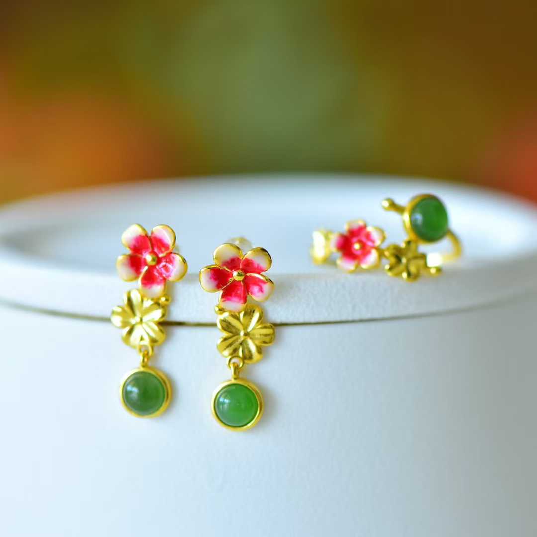 S925 Silver Inlaid Hetian Nephrite "Cabochon & Blooming Plum Blossoms" Jewelry Set - jewelry - weilin.com