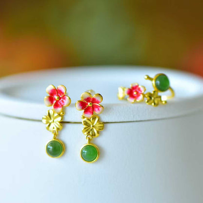 S925 Silver Inlaid Hetian Nephrite "Cabochon & Blooming Plum Blossoms" Jewelry Set - jewelry - weilin.com