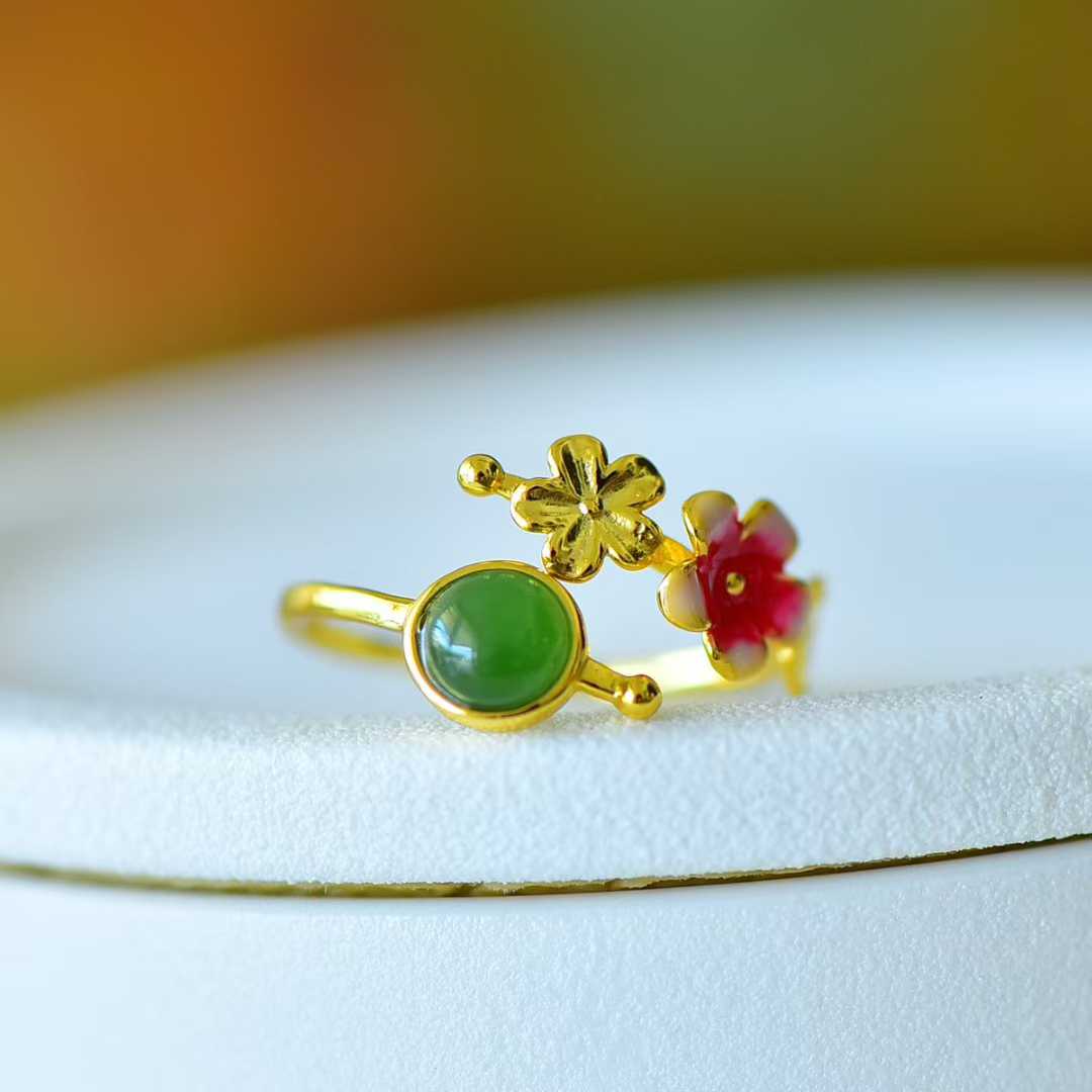 S925 Silver Inlaid Hetian Nephrite "Cabochon & Blooming Plum Blossoms" Jewelry Set - jewelry - weilin.com