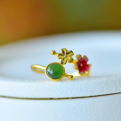 S925 Silver Inlaid Hetian Nephrite "Cabochon & Blooming Plum Blossoms" Jewelry Set - jewelry - weilin.com