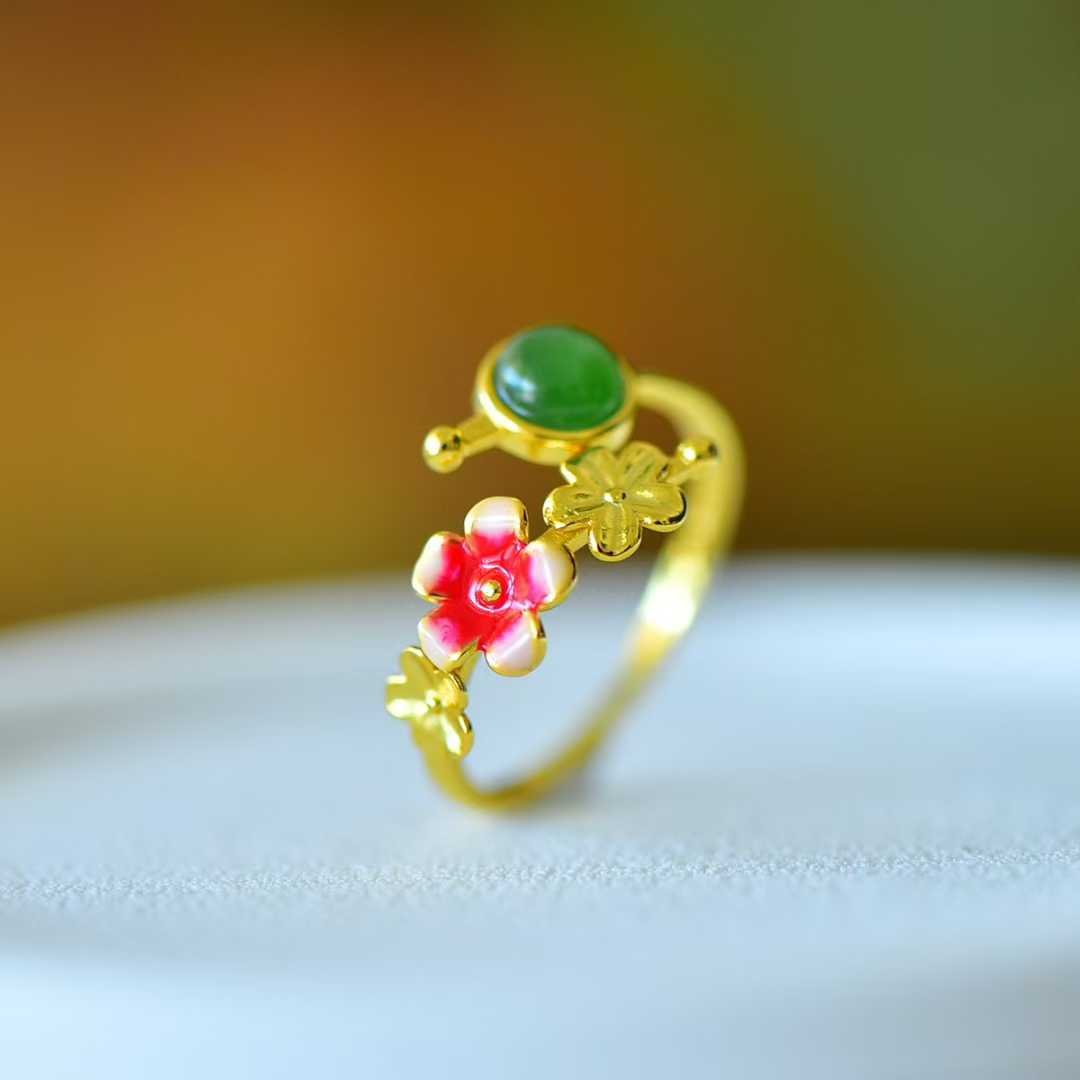 S925 Silver Inlaid Hetian Nephrite "Cabochon & Blooming Plum Blossoms" Jewelry Set - jewelry - weilin.com