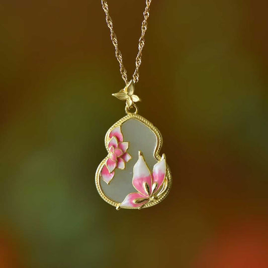 S925 Silver Inlaid Hetian Nephrite "Flat Gourd & Butterfly - on - Flower" Minimalist Elegance Jewelry Set - jewelry - weilin.com
