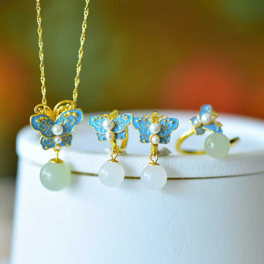 S925 Silver Inlaid Hetian Nephrite "Fluttering Butterflies" Jewelry Set - jewelry - weilin.com