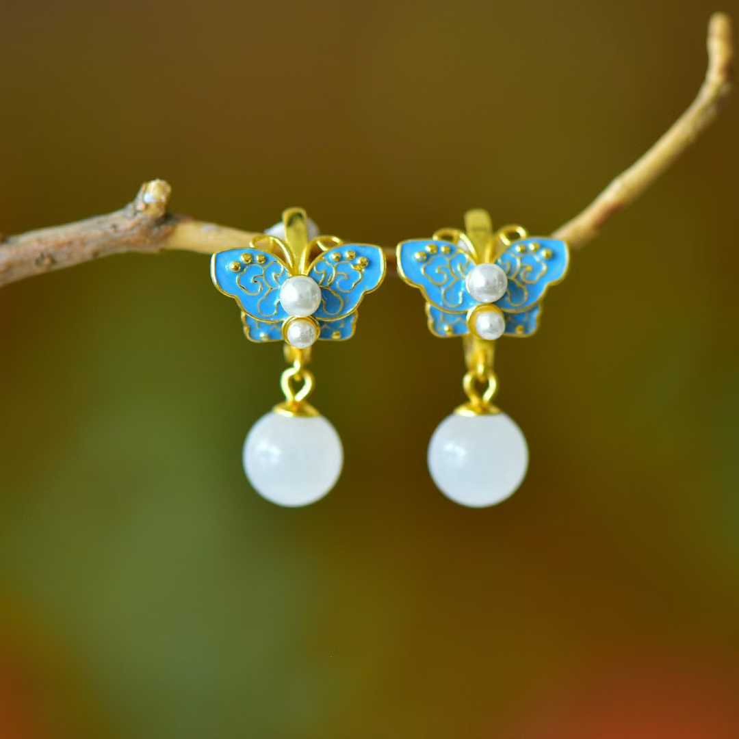 S925 Silver Inlaid Hetian Nephrite "Fluttering Butterflies" Jewelry Set - jewelry - weilin.com