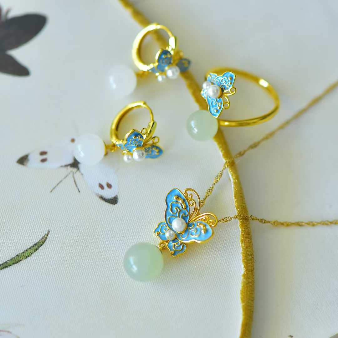 S925 Silver Inlaid Hetian Nephrite "Fluttering Butterflies" Jewelry Set - jewelry - weilin.com