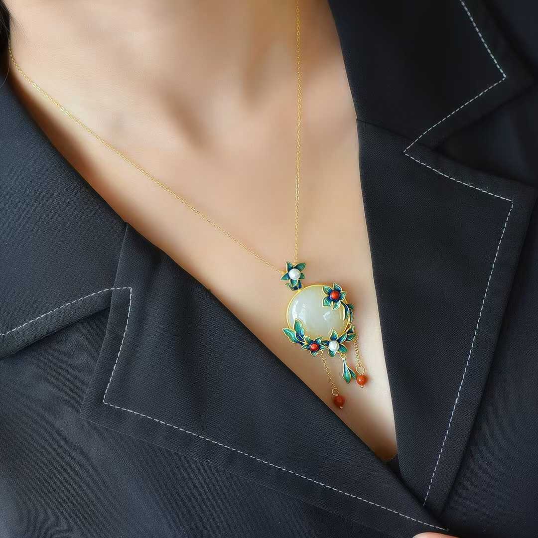 S925 Silver Inlaid Hetian Nephrite "Golden Orchid" Pendant - jewelry - weilin.com