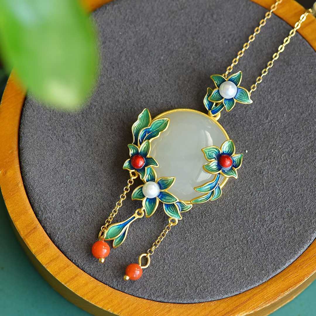 S925 Silver Inlaid Hetian Nephrite "Golden Orchid" Pendant - jewelry - weilin.com
