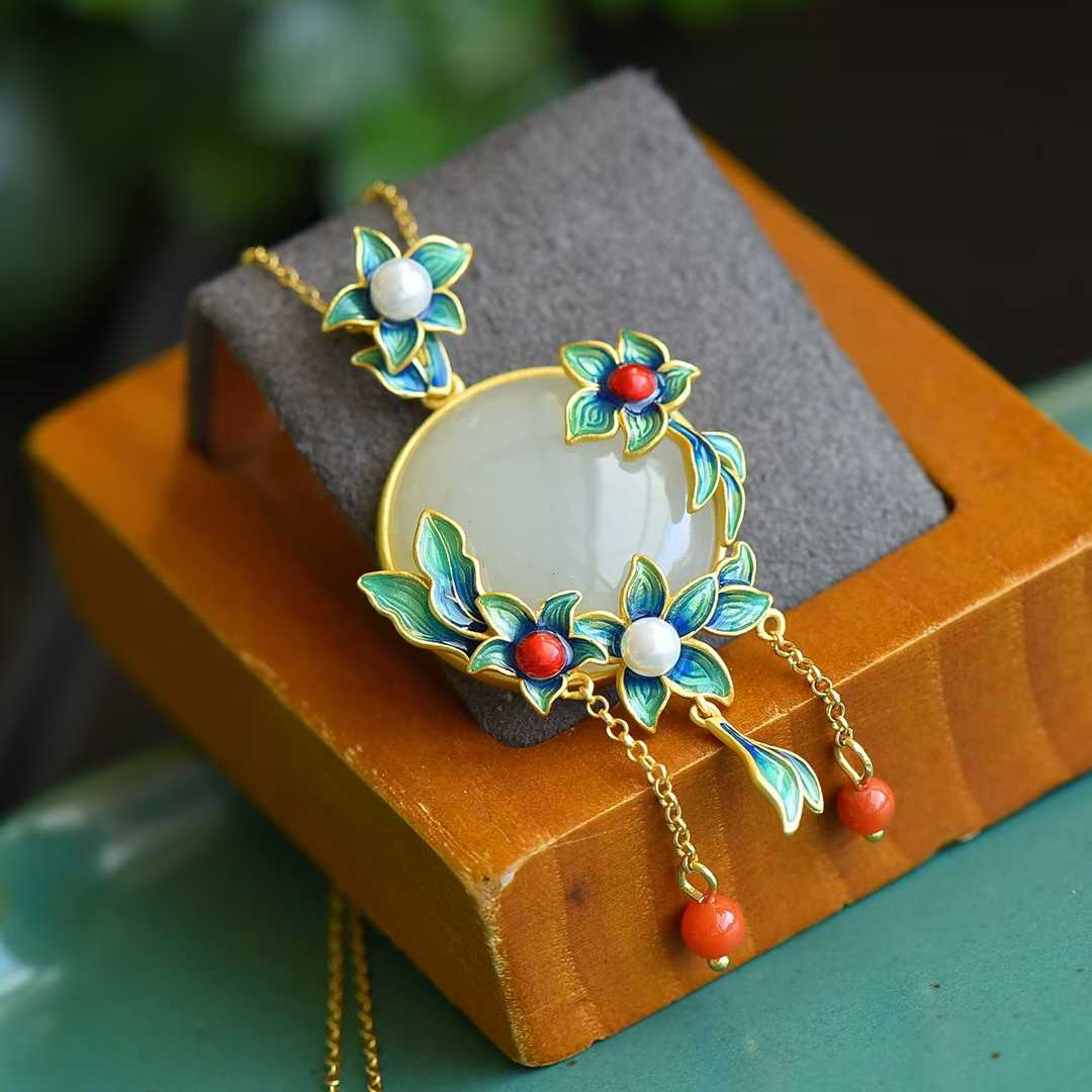 S925 Silver Inlaid Hetian Nephrite "Golden Orchid" Pendant - jewelry - weilin.com