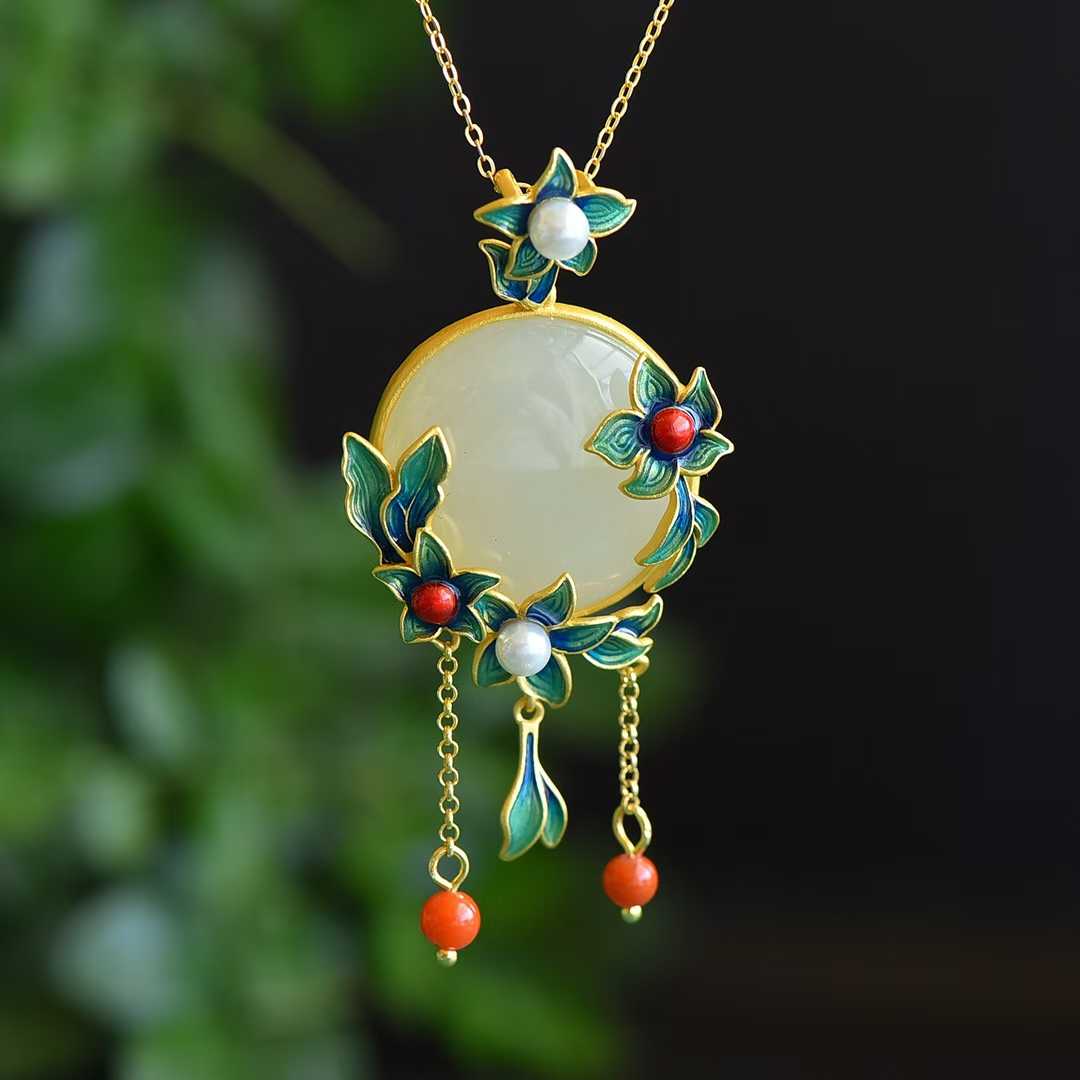 S925 Silver Inlaid Hetian Nephrite "Golden Orchid" Pendant - jewelry - weilin.com