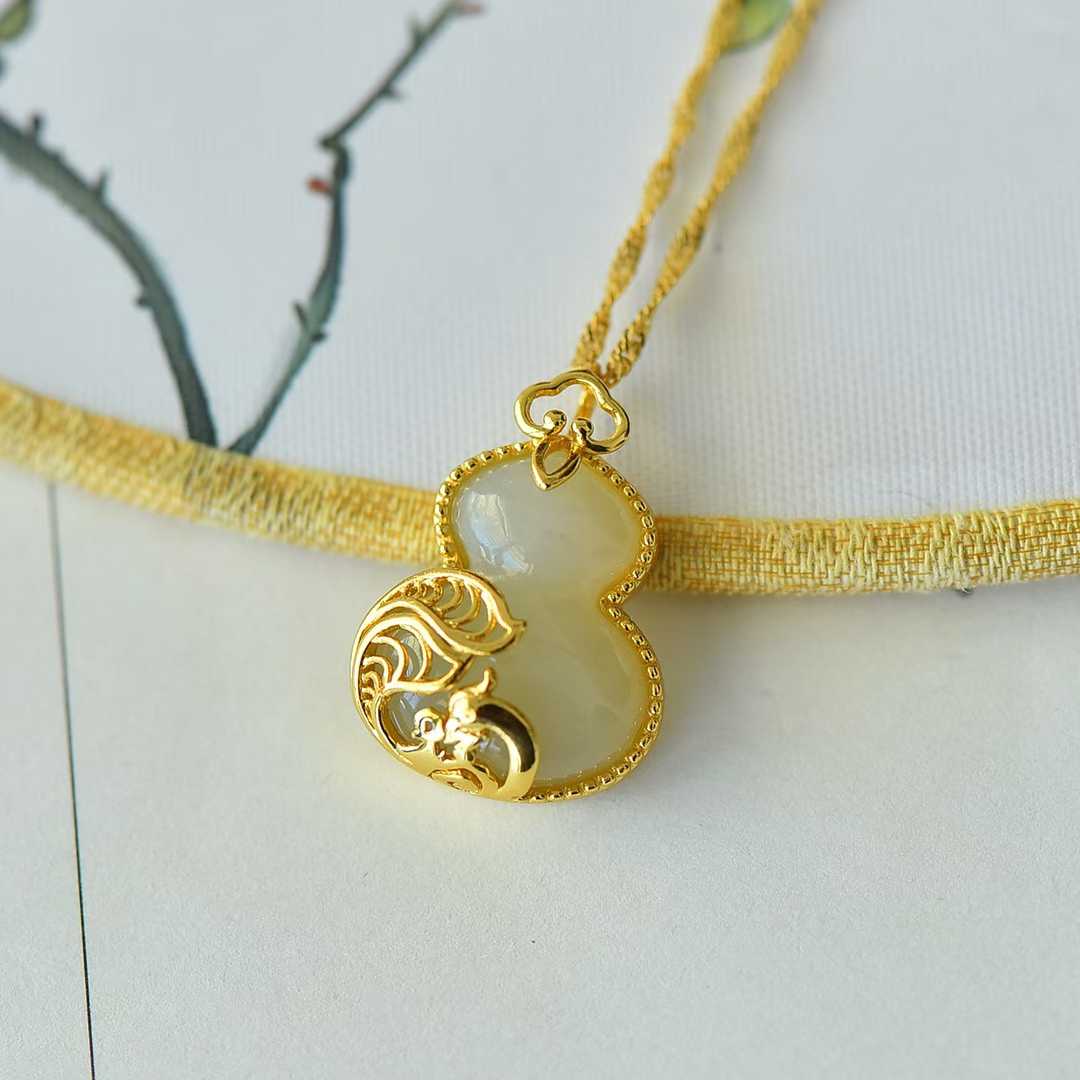 S925 Silver Inlaid Hetian Nephrite "Gourd & Phoenix" Pendant - jewelry - weilin.com