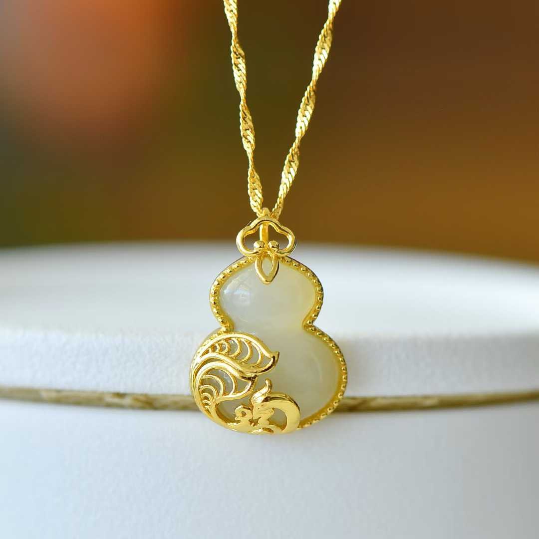 S925 Silver Inlaid Hetian Nephrite "Gourd & Phoenix" Pendant - jewelry - weilin.com