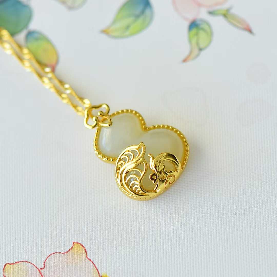 S925 Silver Inlaid Hetian Nephrite "Gourd & Phoenix" Pendant - jewelry - weilin.com
