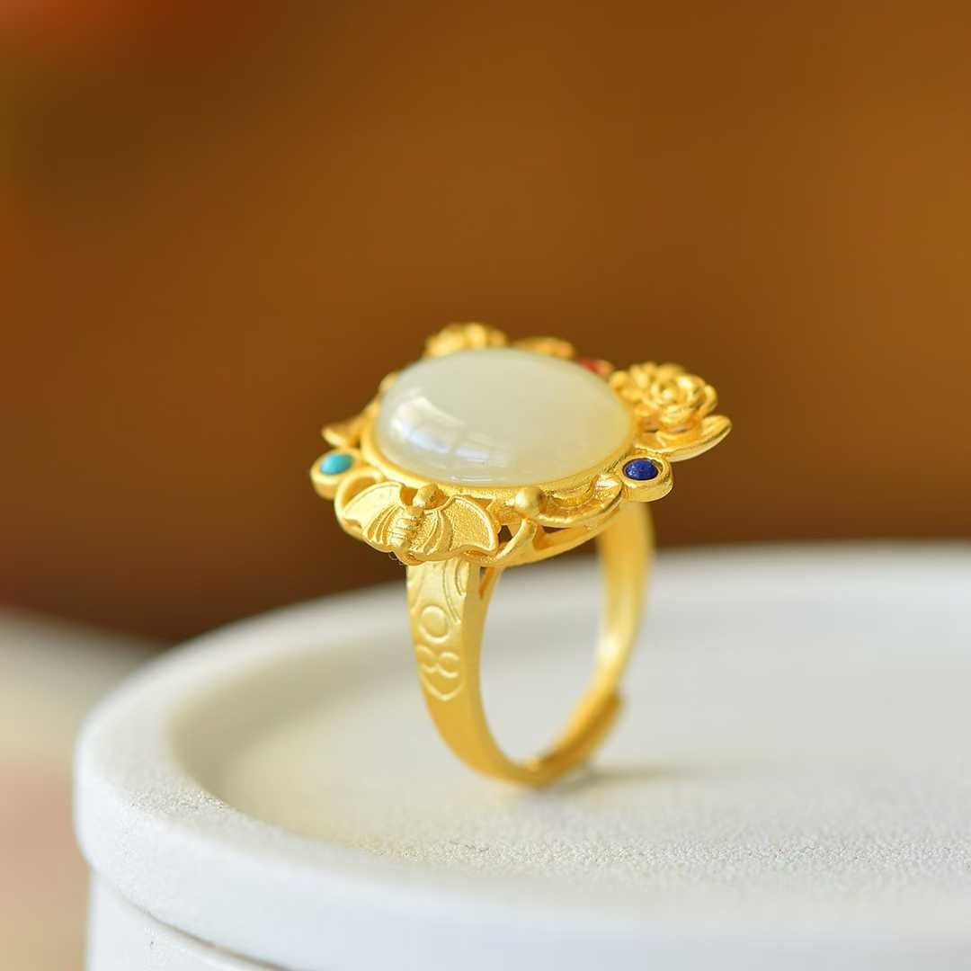 S925 Silver Inlaid Hetian Nephrite "Happiness Before One's Eyes" Ring - jewelry - weilin.com