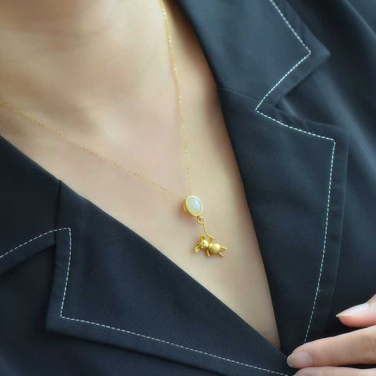 S925 Silver Inlaid Hetian Nephrite "Little Bear" Pendant - jewelry - weilin.com